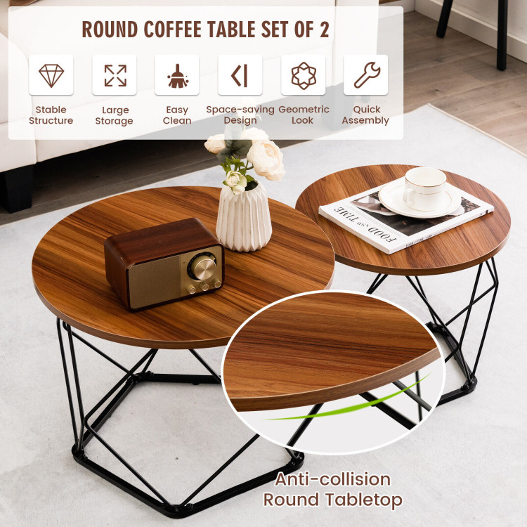 Set of 2 Modern Round Coffee Table with Pentagonal Steel Base-Rustic BrownCostway Gallery View 3 of 11
